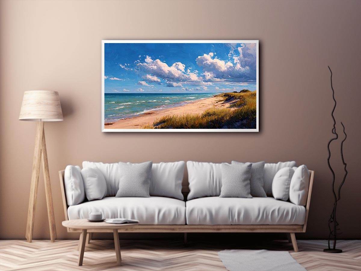 Coastal dune canvas art with beach grass and clouds for relaxed living room decor.