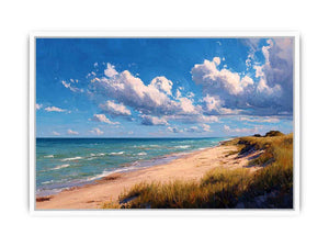 Coastal dune canvas art with beach grass and clouds for relaxed living room decor.
