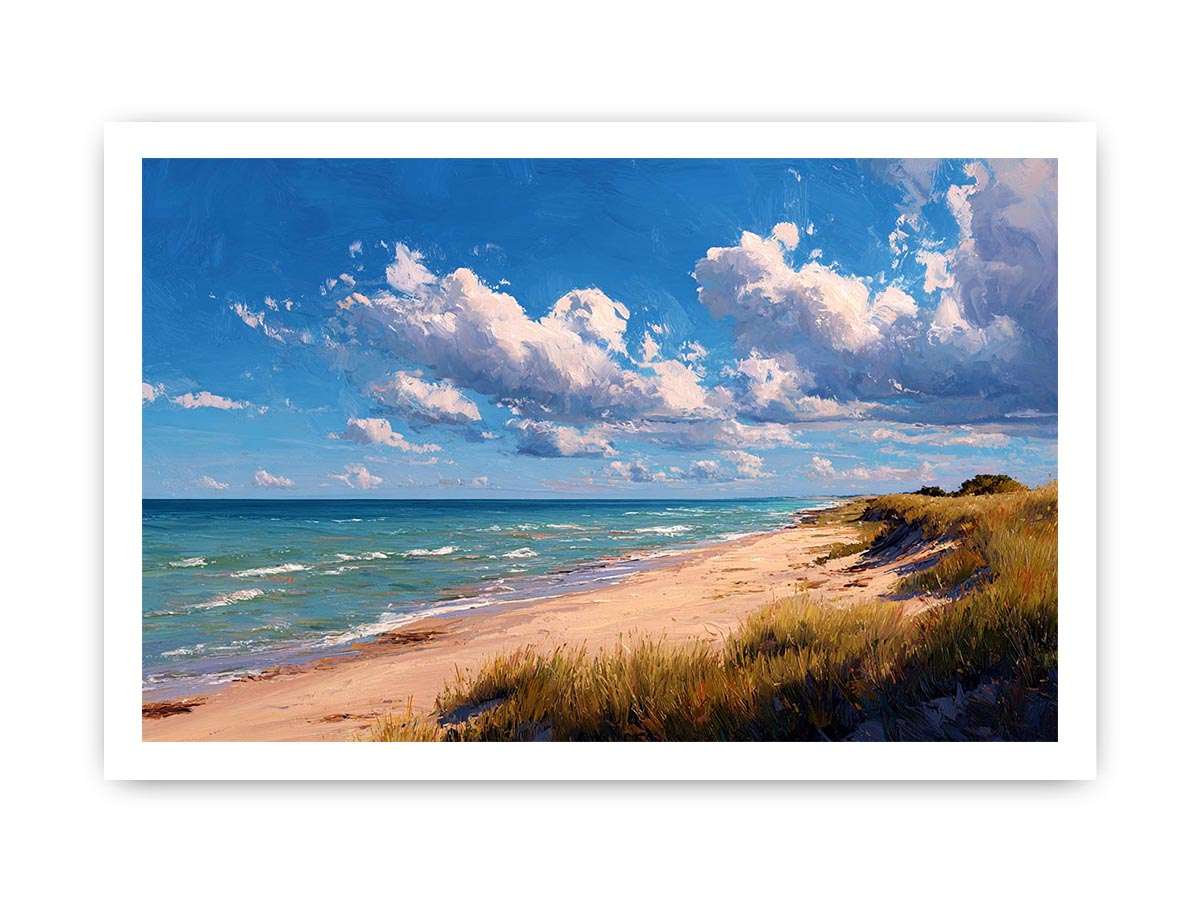 Coastal dune canvas art with beach grass and clouds for relaxed living room decor.