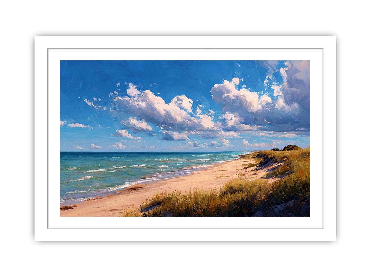 Coastal dune canvas art with beach grass and clouds for relaxed living room decor.