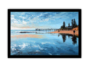 Coastal pier canvas art with beach reflections for calm modern living room decor.