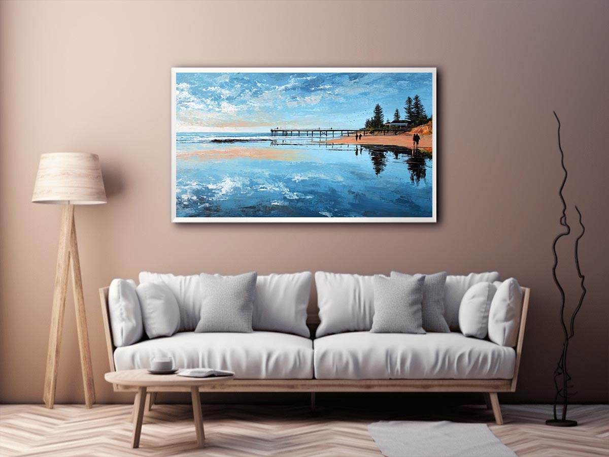 Coastal pier canvas art with beach reflections for calm modern living room decor.