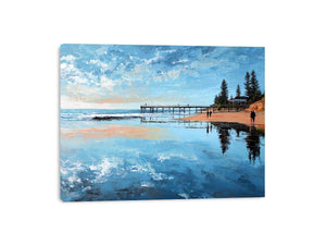 Coastal pier canvas art with beach reflections for calm modern living room decor.