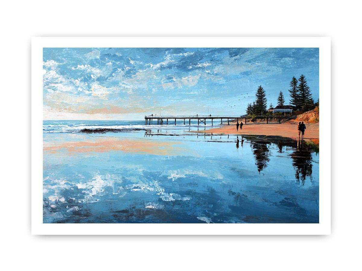 Coastal pier canvas art with beach reflections for calm modern living room decor.
