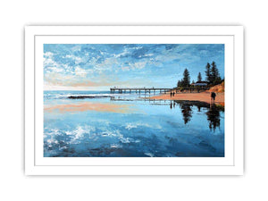 Coastal pier canvas art with beach reflections for calm modern living room decor.