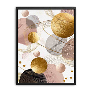 Blush and gold abstract canvas art with circles for elegant bedroom decor.