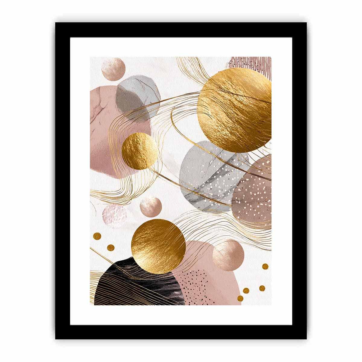 Blush and gold abstract canvas art with circles for elegant bedroom decor.