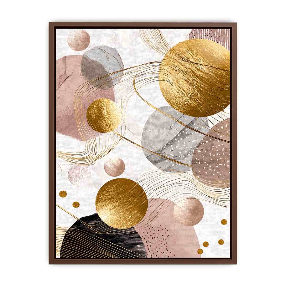Blush and gold abstract canvas art with circles for elegant bedroom decor.