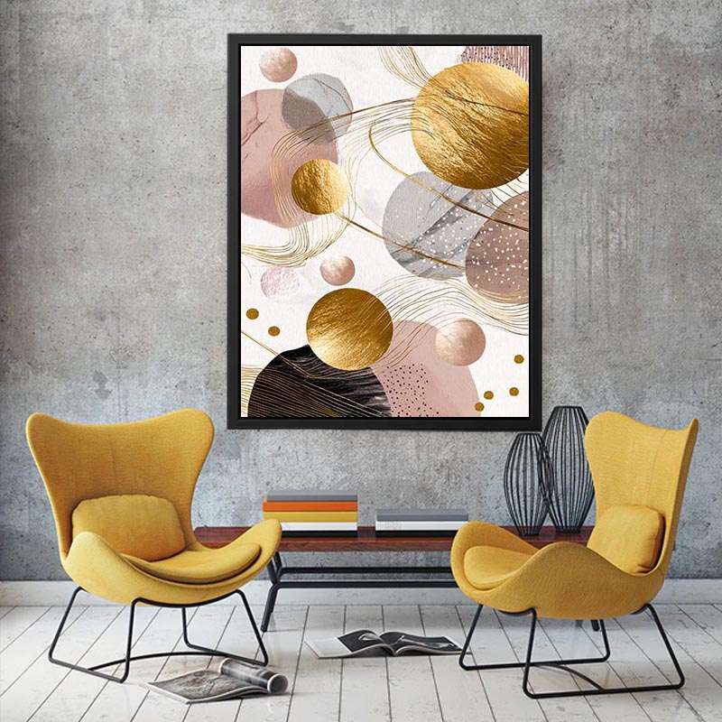 Blush and gold abstract canvas art with circles for elegant bedroom decor.