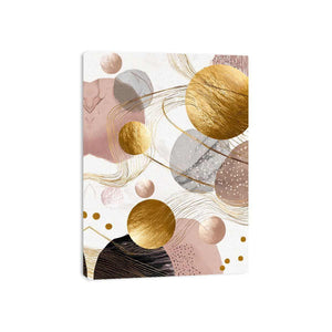 Blush and gold abstract canvas art with circles for elegant bedroom decor.