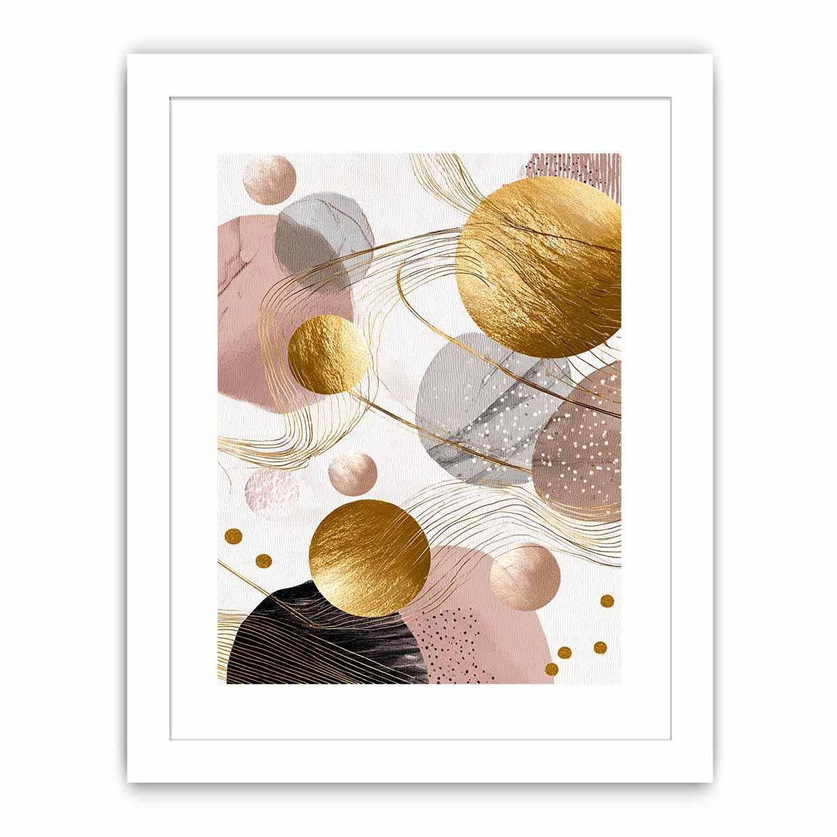 Blush and gold abstract canvas art with circles for elegant bedroom decor.
