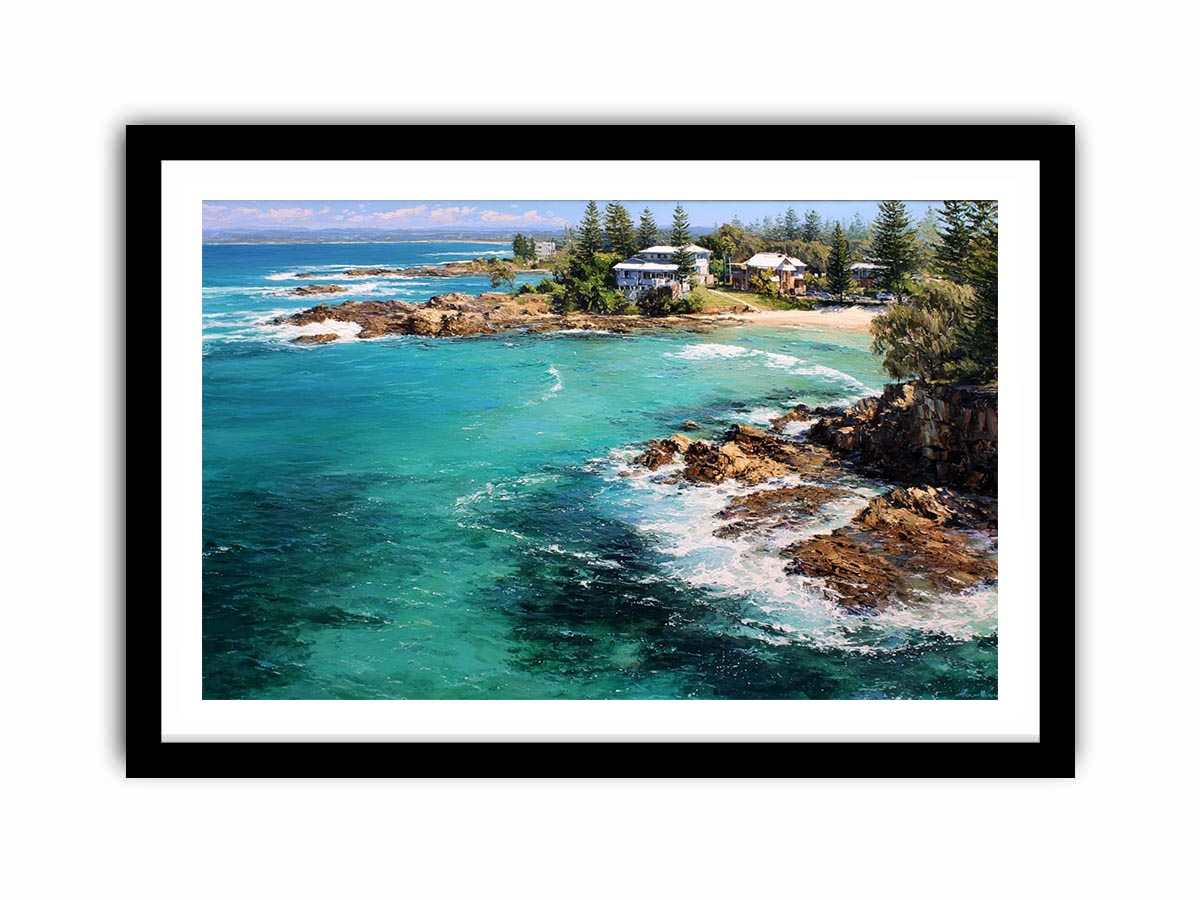 Turquoise coastal cove canvas art with rocky shoreline for modern living room decor.