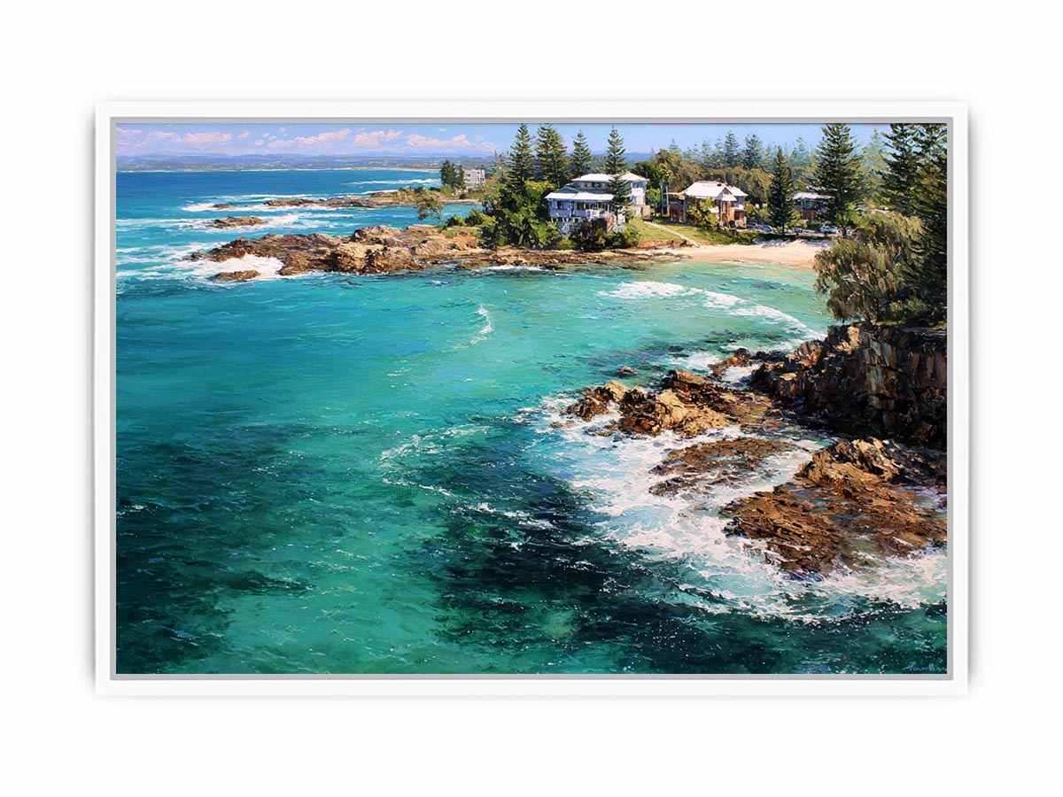 Turquoise coastal cove canvas art with rocky shoreline for modern living room decor.