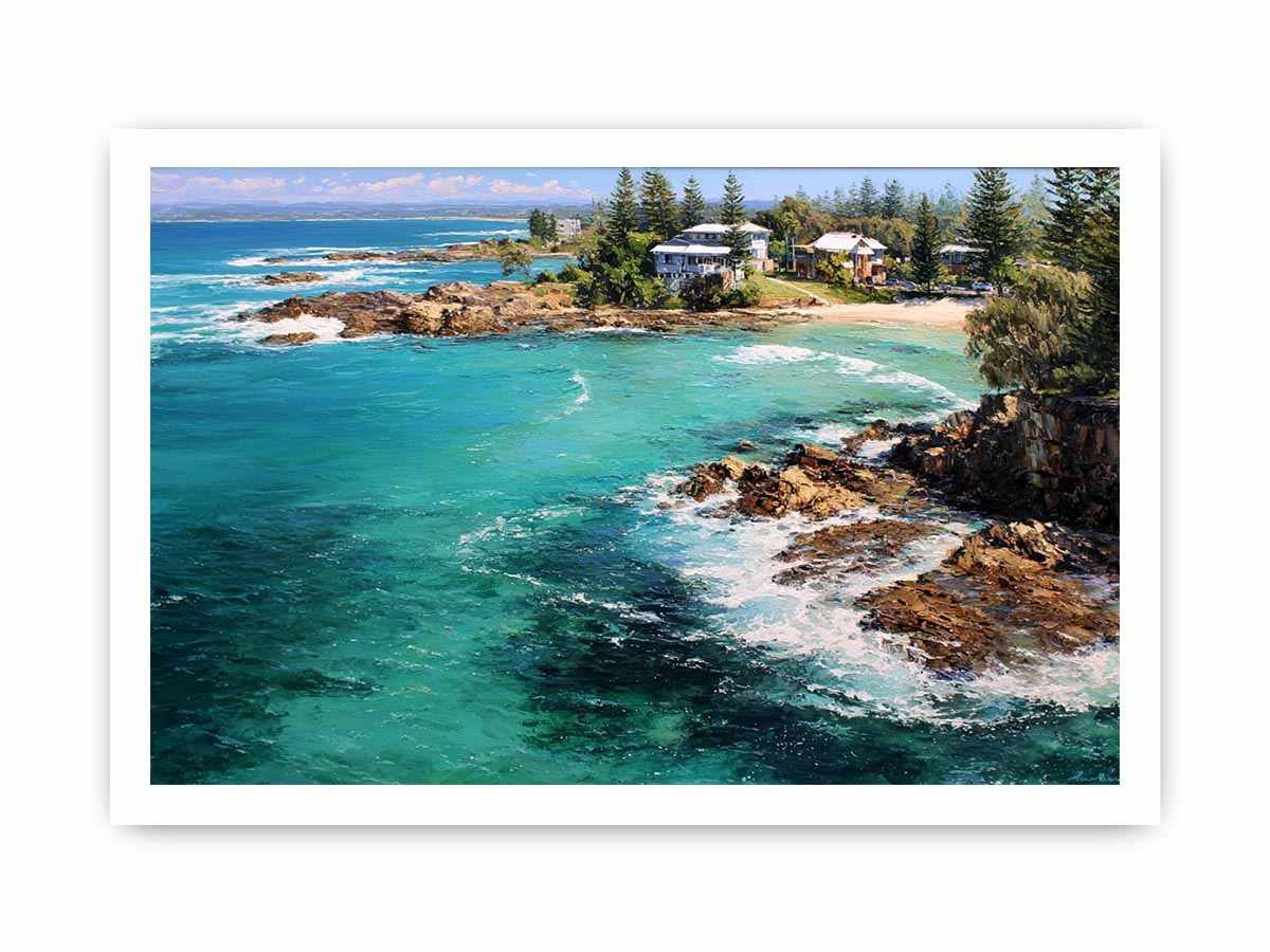 Turquoise coastal cove canvas art with rocky shoreline for modern living room decor.