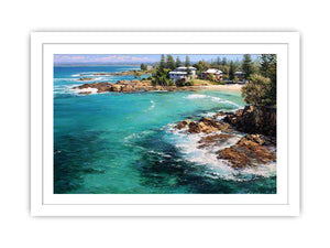 Turquoise coastal cove canvas art with rocky shoreline for modern living room decor.