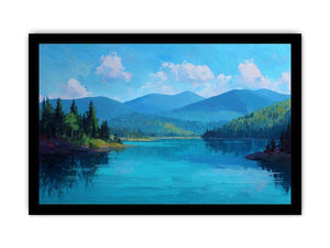 Serene blue mountain lake canvas art for bedroom or modern living room decor.