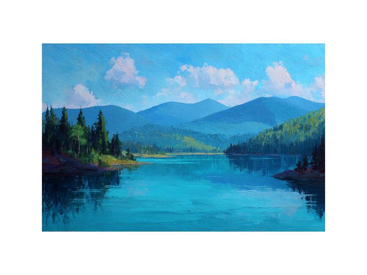 Serene blue mountain lake canvas art for bedroom or modern living room decor.