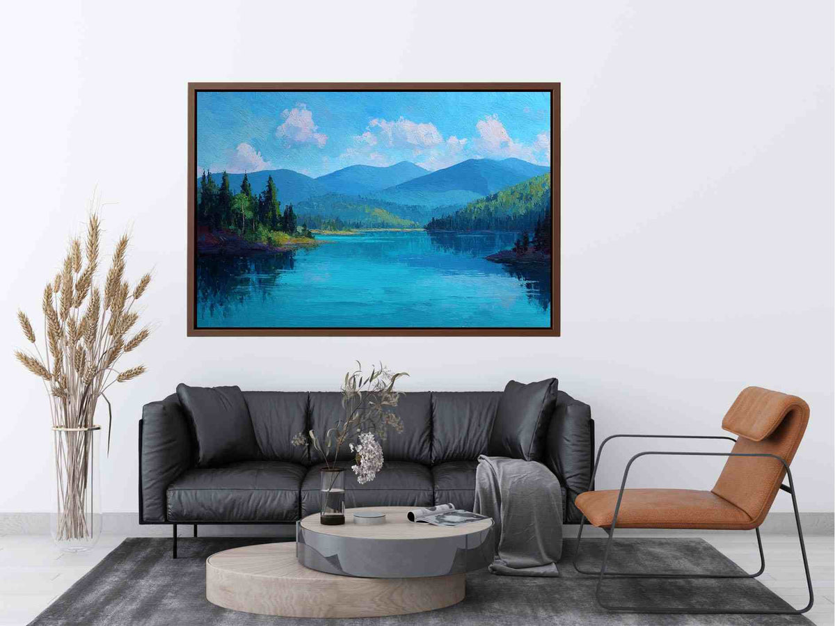 Serene blue mountain lake canvas art for bedroom or modern living room decor.