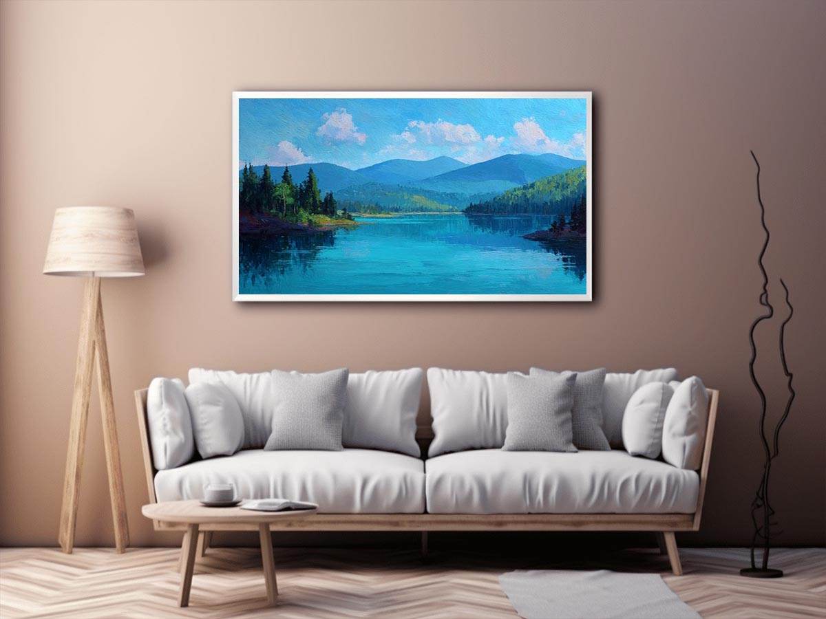 Serene blue mountain lake canvas art for bedroom or modern living room decor.