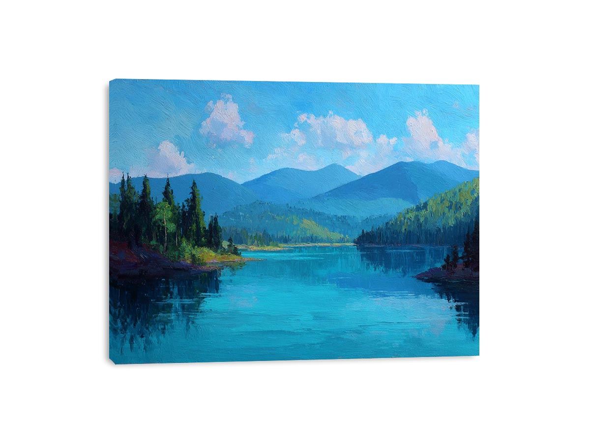 Serene blue mountain lake canvas art for bedroom or modern living room decor.