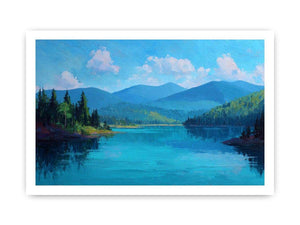Serene blue mountain lake canvas art for bedroom or modern living room decor.