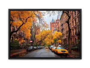 Autumn city street canvas art with yellow taxis and brownstone buildings for office decor.