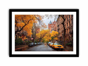 Autumn city street canvas art with yellow taxis and brownstone buildings for office decor.
