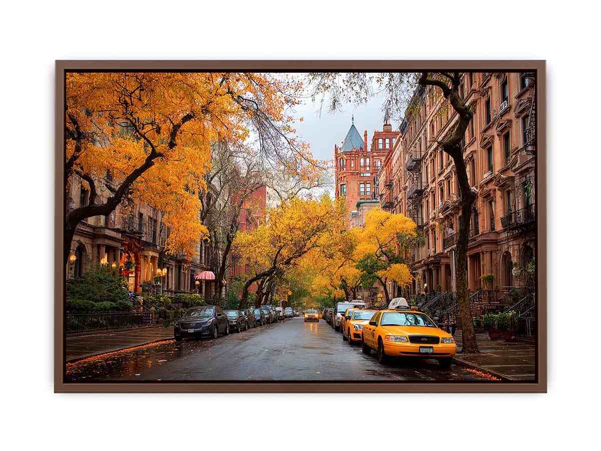 Autumn city street canvas art with yellow taxis and brownstone buildings for office decor.