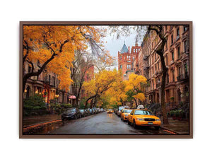 Autumn city street canvas art with yellow taxis and brownstone buildings for office decor.