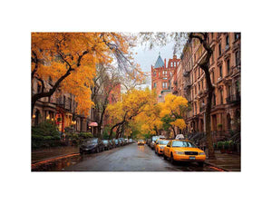 Autumn city street canvas art with yellow taxis and brownstone buildings for office decor.