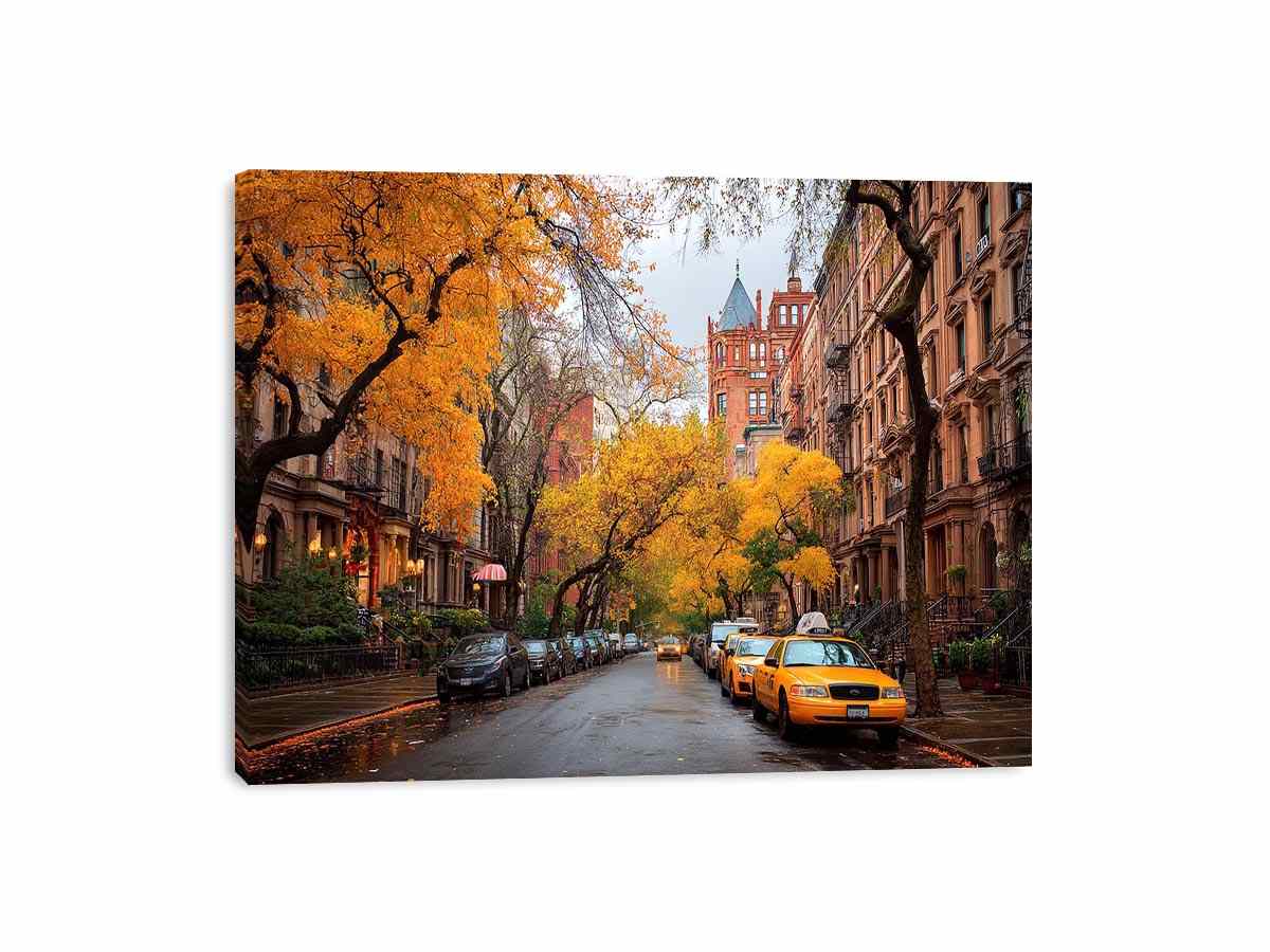 Autumn city street canvas art with yellow taxis and brownstone buildings for office decor.