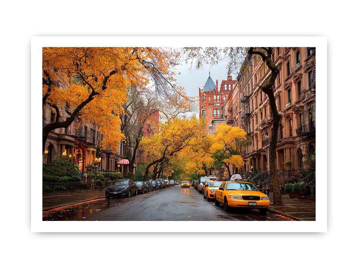 Autumn city street canvas art with yellow taxis and brownstone buildings for office decor.