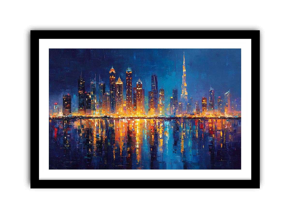 Dramatic blue city skyline canvas art with glowing reflections for luxury office decor.