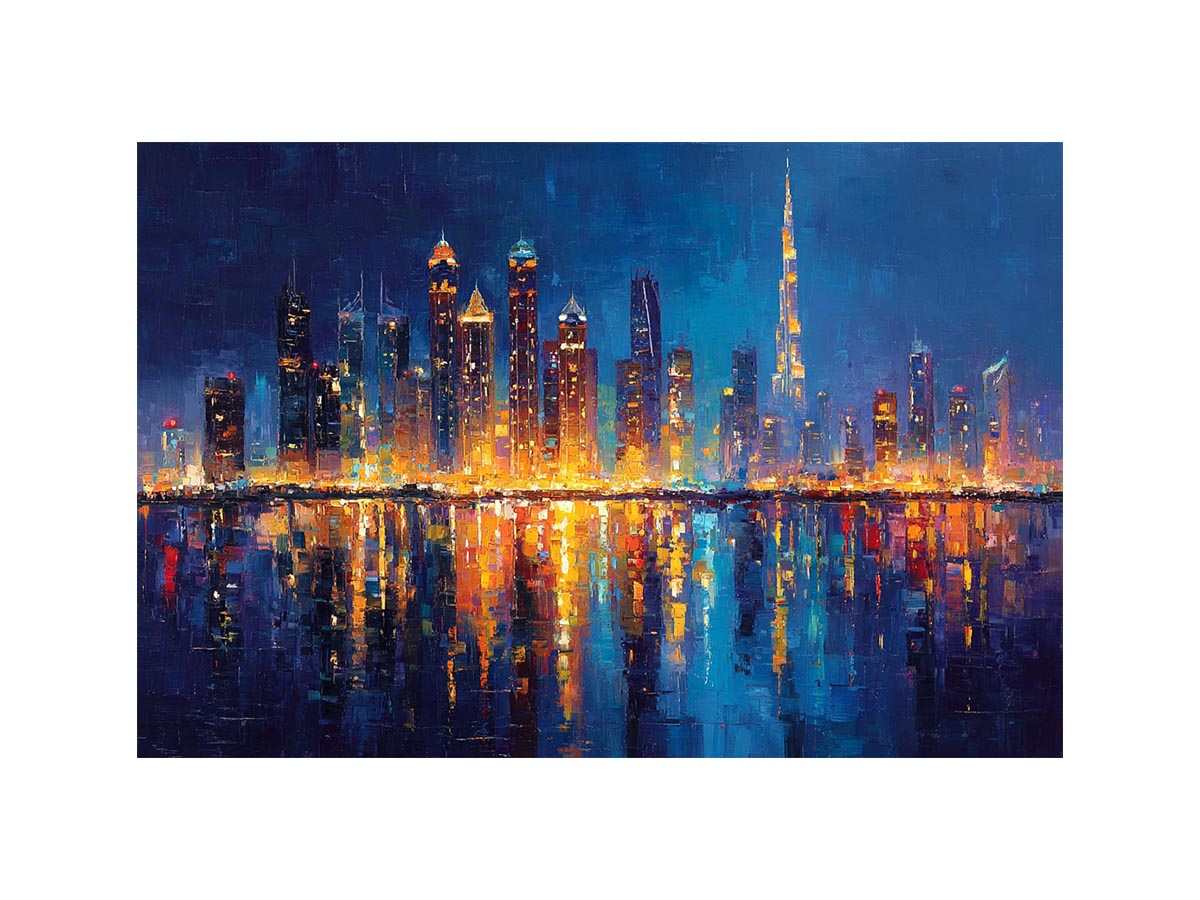 Dramatic blue city skyline canvas art with glowing reflections for luxury office decor.