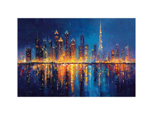 Dramatic blue city skyline canvas art with glowing reflections for luxury office decor.