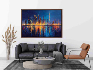 Dramatic blue city skyline canvas art with glowing reflections for luxury office decor.