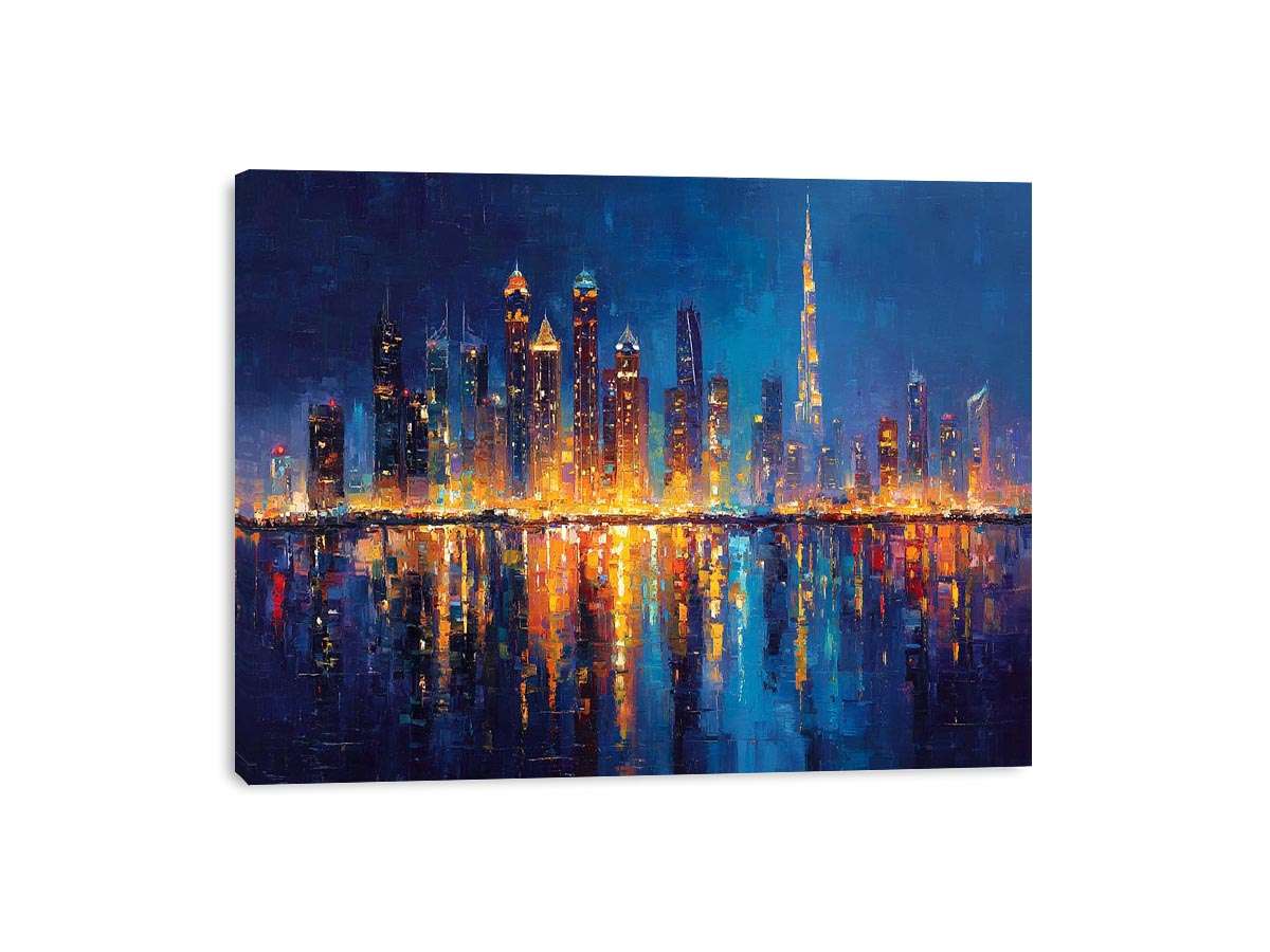 Dramatic blue city skyline canvas art with glowing reflections for luxury office decor.