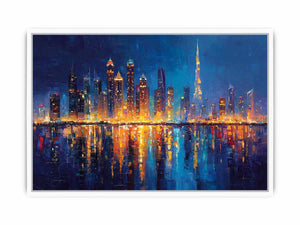 Dramatic blue city skyline canvas art with glowing reflections for luxury office decor.