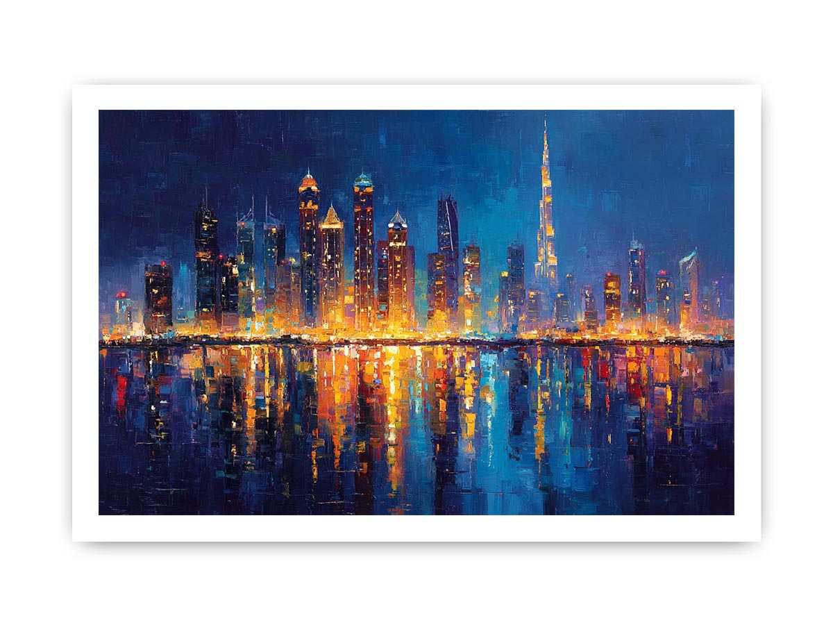 Dramatic blue city skyline canvas art with glowing reflections for luxury office decor.