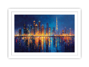Dramatic blue city skyline canvas art with glowing reflections for luxury office decor.