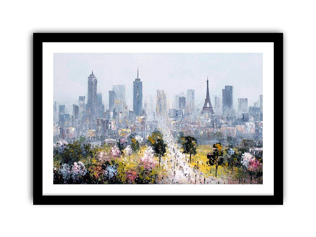Soft Paris skyline canvas art with Eiffel Tower and blossoms for elegant bedroom decor.