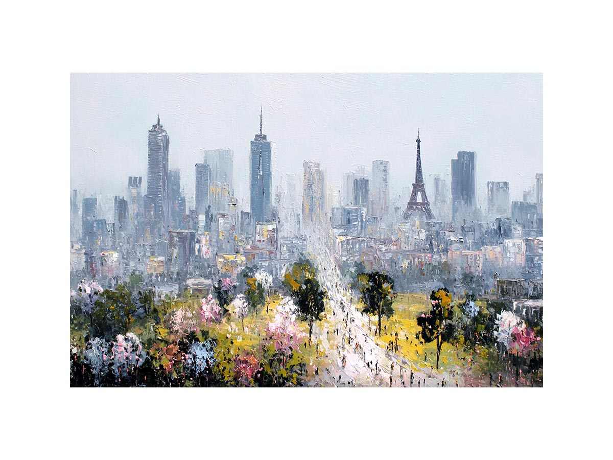 Soft Paris skyline canvas art with Eiffel Tower and blossoms for elegant bedroom decor.