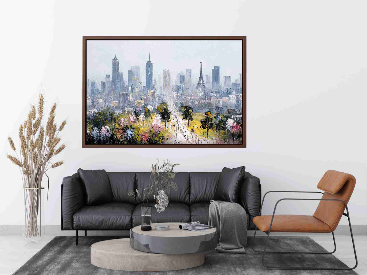 Soft Paris skyline canvas art with Eiffel Tower and blossoms for elegant bedroom decor.