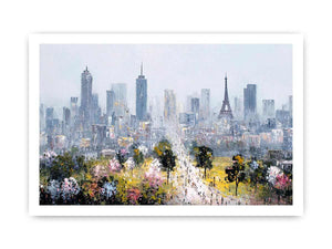Soft Paris skyline canvas art with Eiffel Tower and blossoms for elegant bedroom decor.