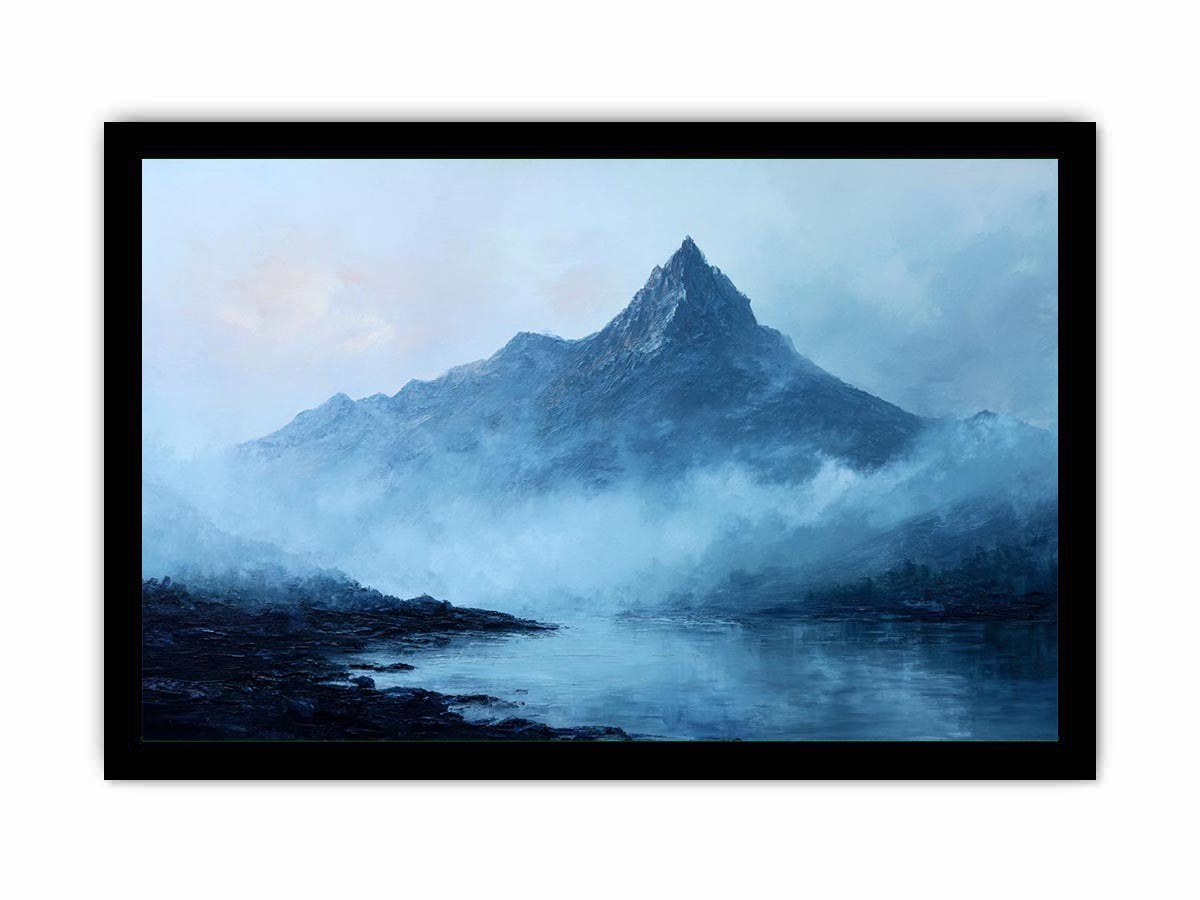 Moody blue mountain canvas art with mist and lake reflection for calm office decor.
