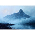 Moody blue mountain canvas art with mist and lake reflection for calm office decor.