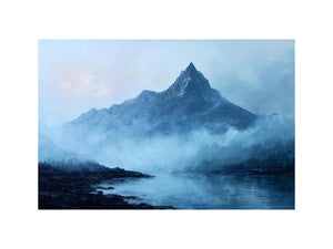 Moody blue mountain canvas art with mist and lake reflection for calm office decor.