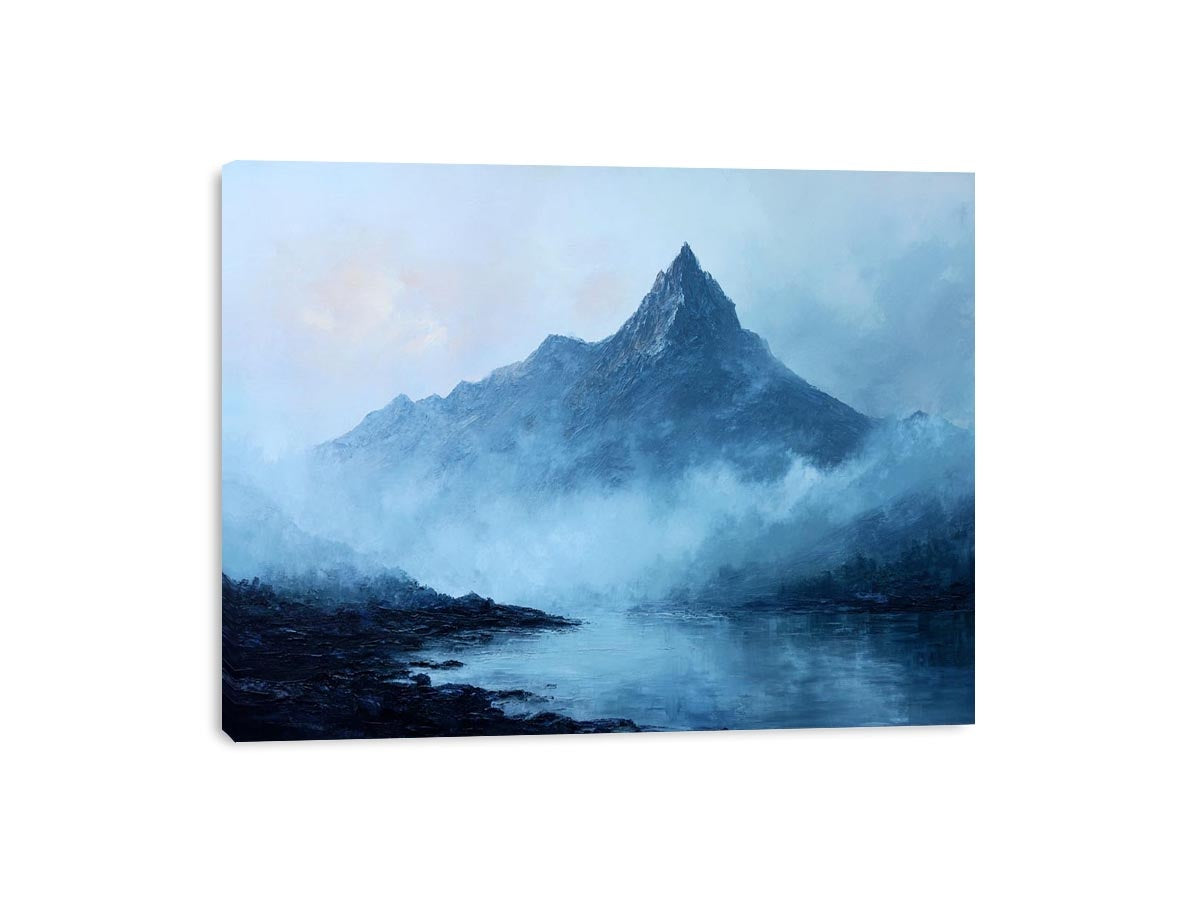 Moody blue mountain canvas art with mist and lake reflection for calm office decor.