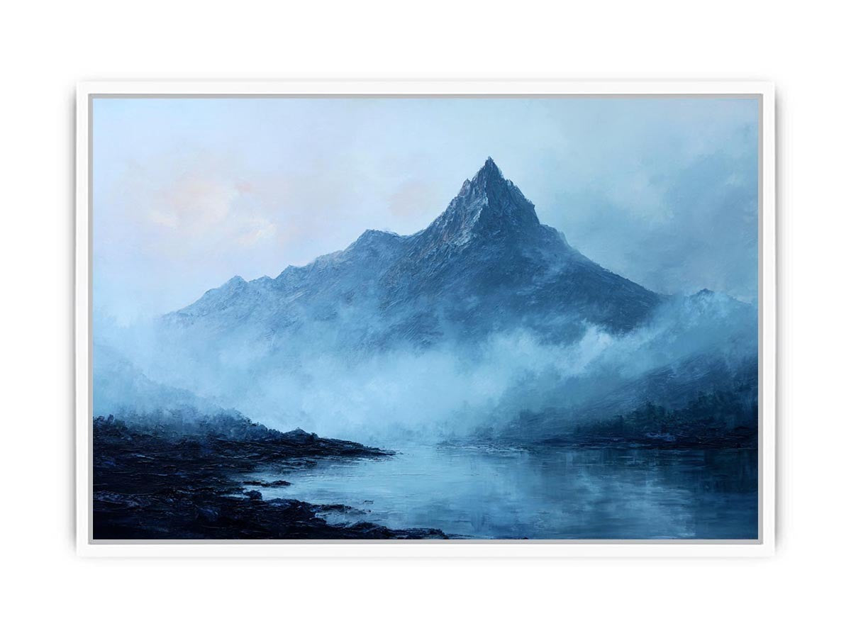 Moody blue mountain canvas art with mist and lake reflection for calm office decor.