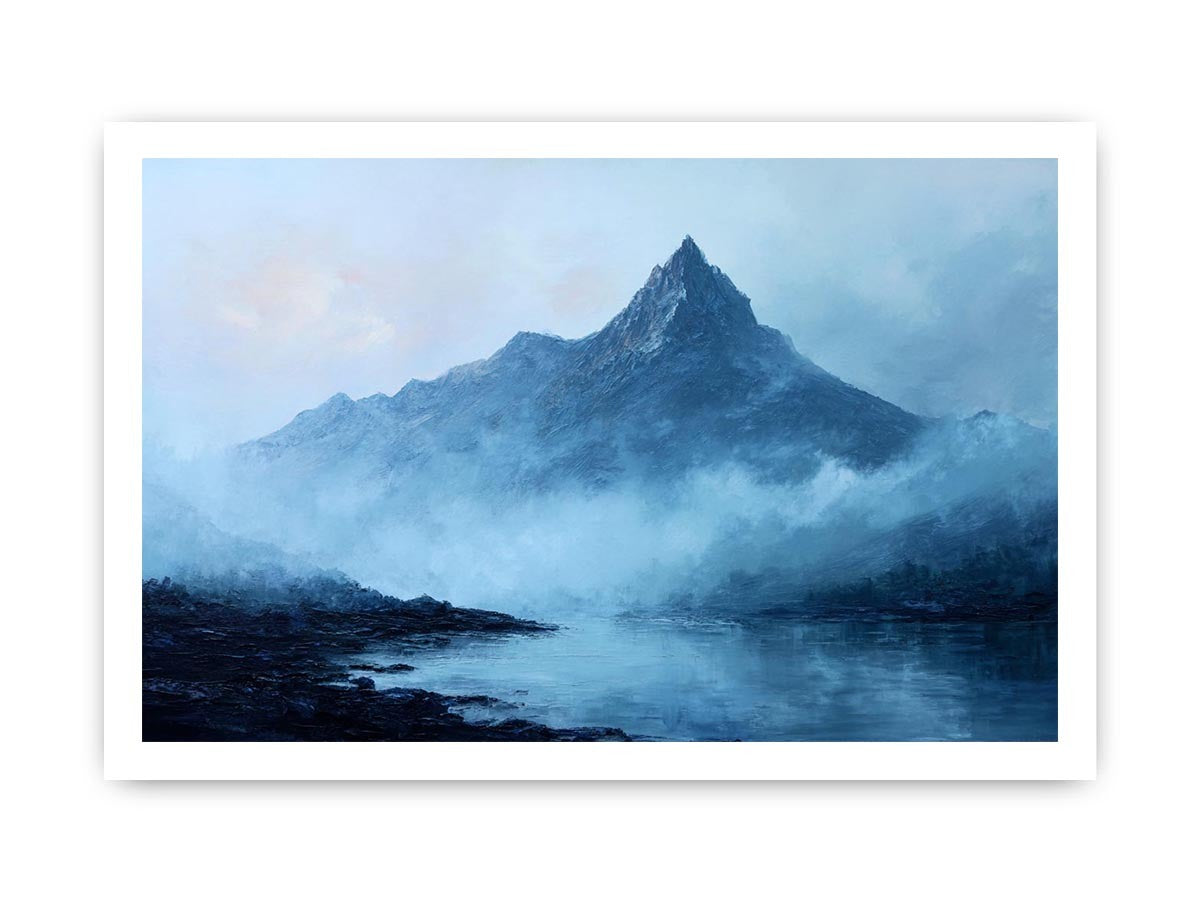 Moody blue mountain canvas art with mist and lake reflection for calm office decor.